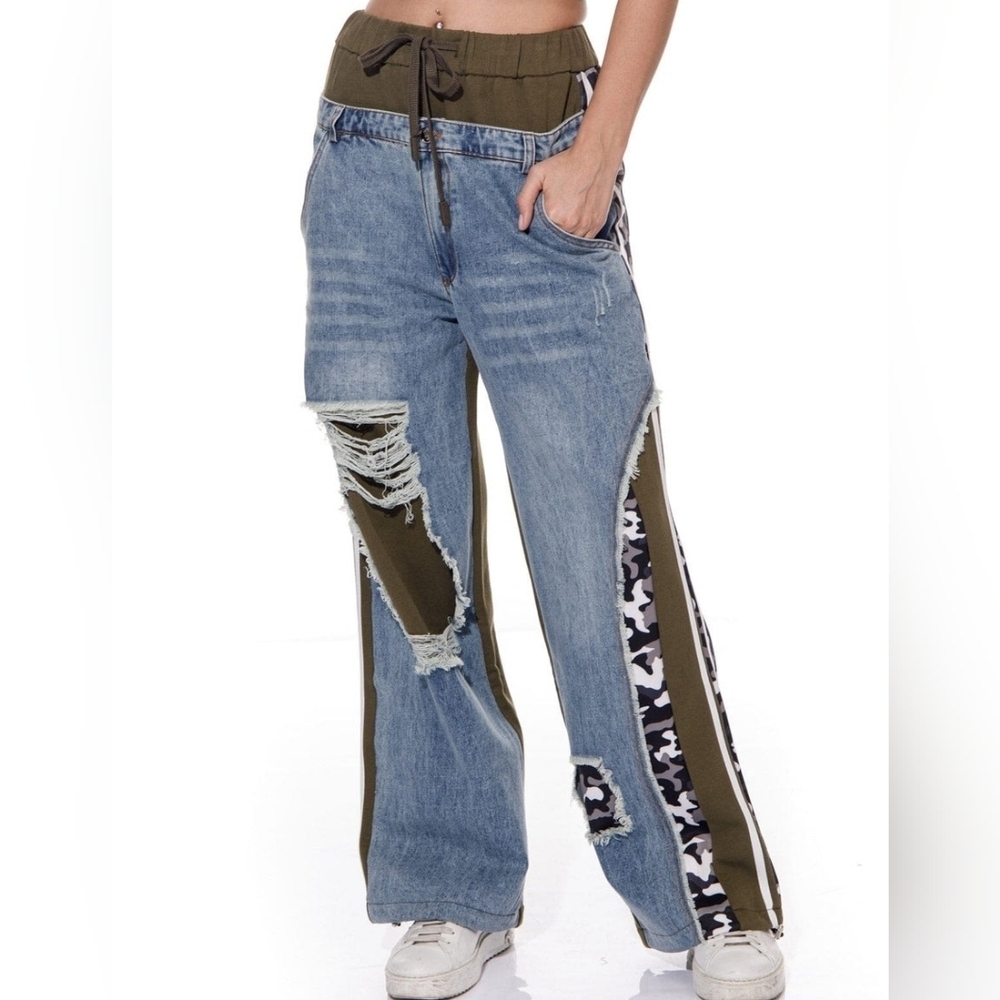 Galita Elastic Waist Wide Leg Camo Print Olive Green Denim Track Style Pants
